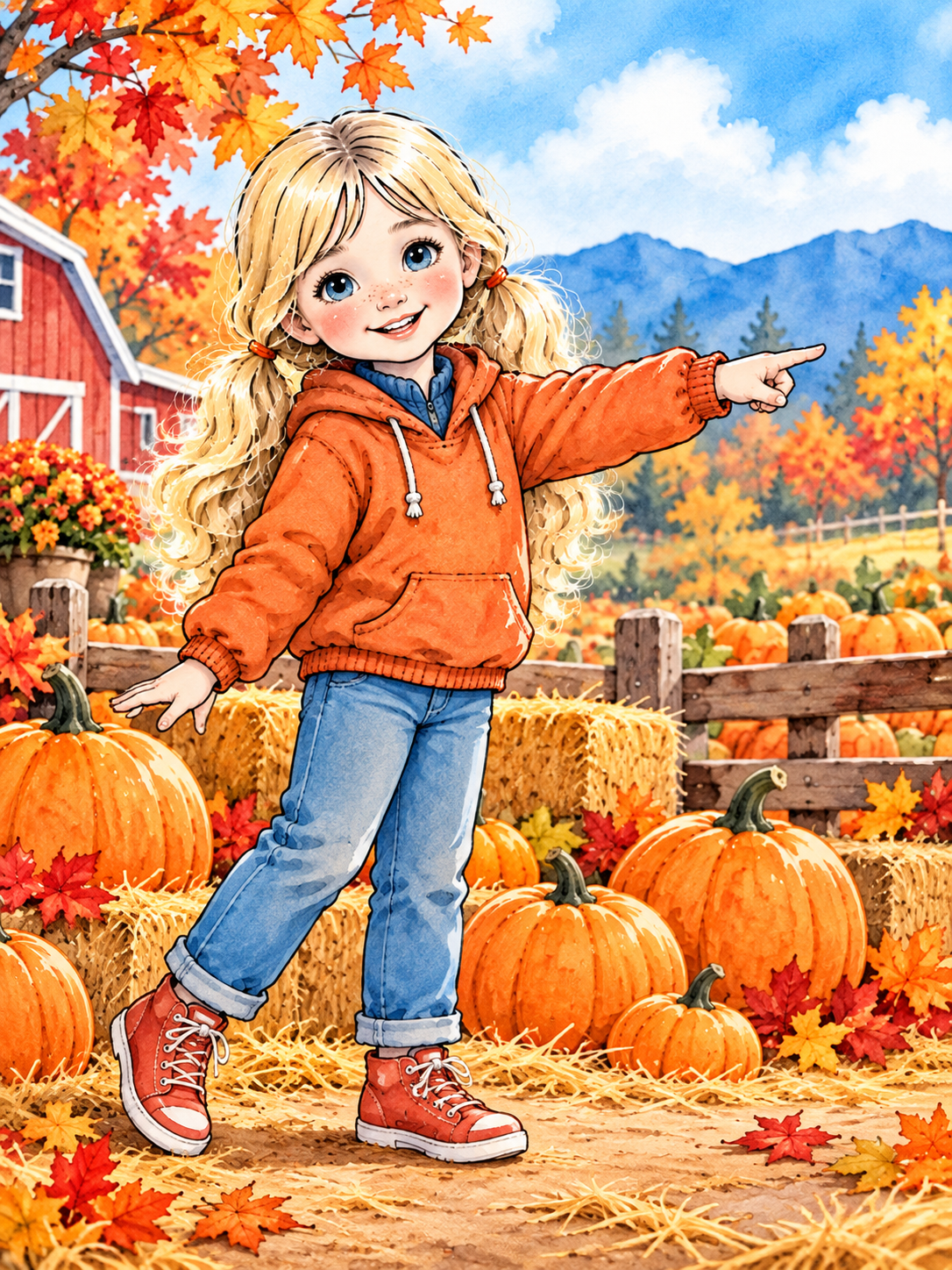 Storybook illustration of Little Miss Nissa smiling and pointing visitors toward her rooms